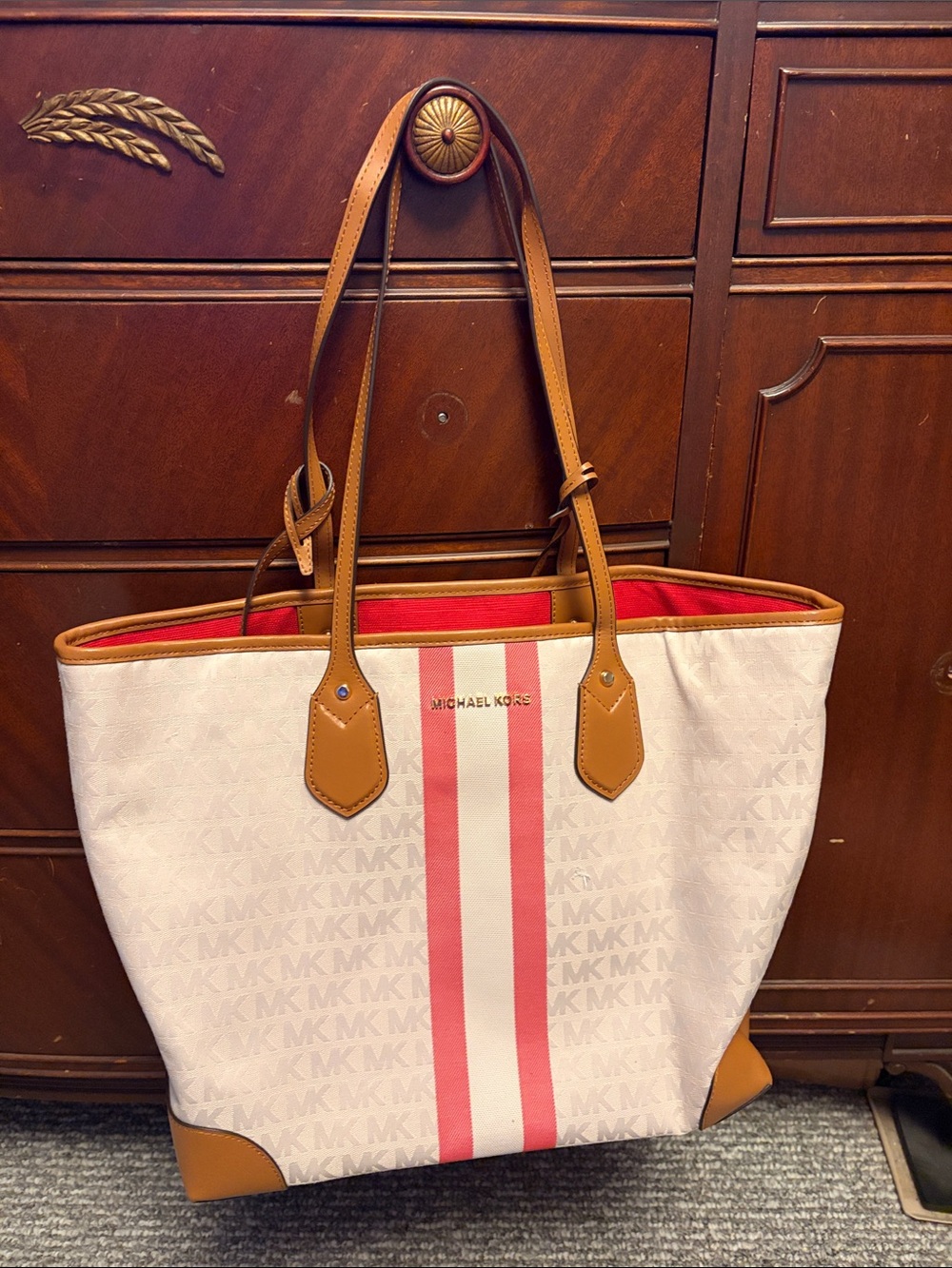 Michael Kors Women's Pink Stripe Canvas Tote with Tan Trim